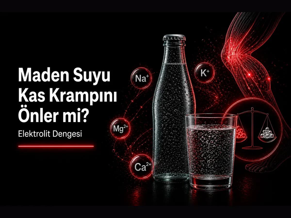 Maden suyu, elektrolit iyonları ve kas krampı ilişkisini gösteren koyu bilim temalı blog kapak görseli