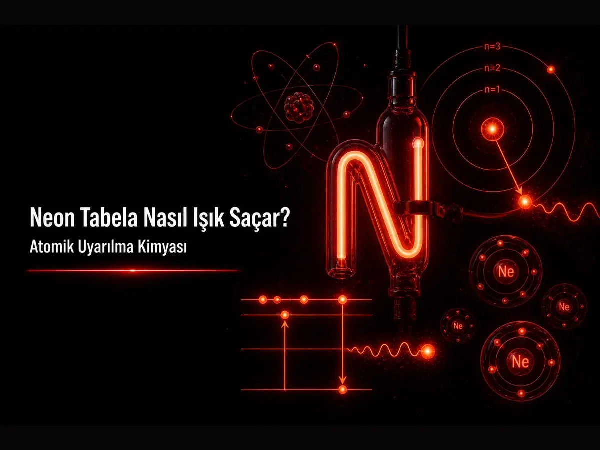 Neon tabela ışığı: neon gazı, elektrik uyarımı, atomik uyarılma ve emisyon spektrumu konulu TYT kimya blog kapağı