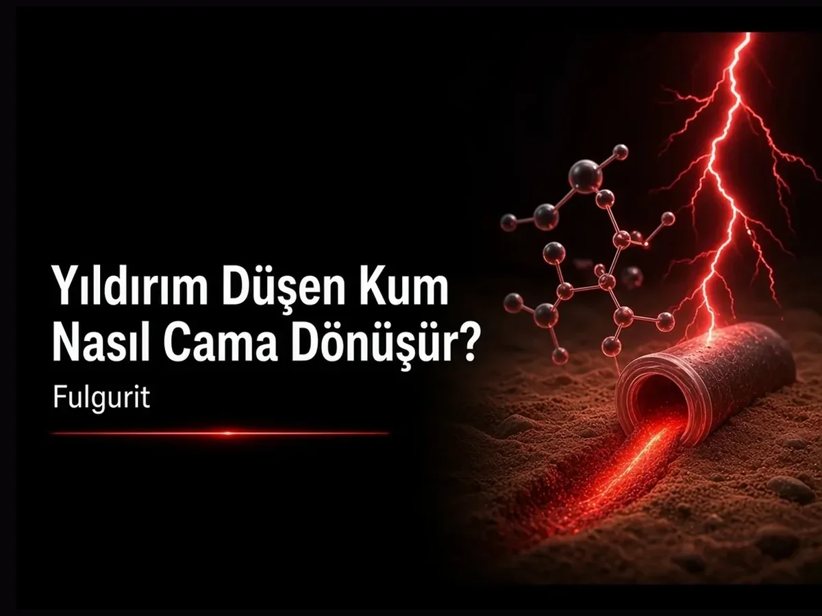 Yıldırım düşen kum nasıl cama dönüşür kapak: fulgurit tüpü, SiO2 erimesi ve amorf cam TYT şeması