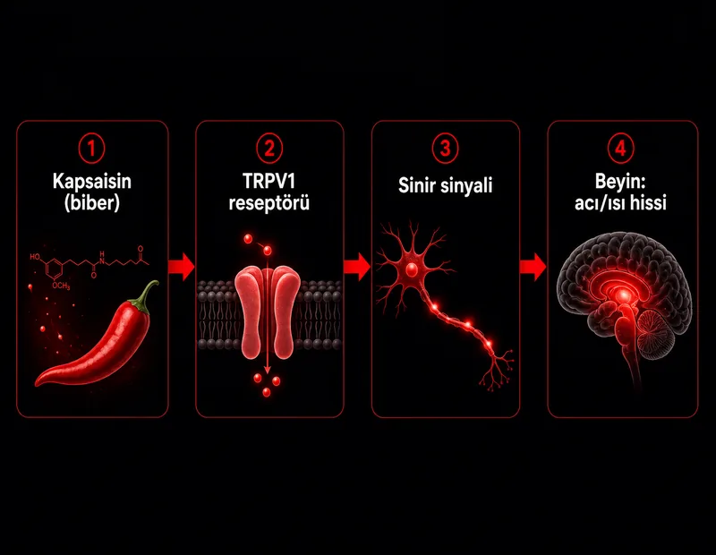 Kapsaisin TRPV1 reseptör akışı: acı biber, iyon kanalı, sinir sinyali, beyinde acı ve ısı hissi