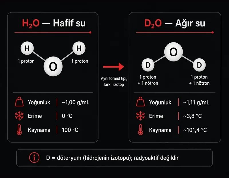 Ağır su D2O nedir? H2O hafif su ile D2O karşılaştırma: yoğunluk yaklaşık 1,11 g/mL, erime yaklaşık 3,8 °C ve döteryum TYT şeması
