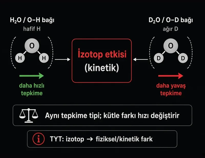İzotop etkisi nedir? H2O O-H bağı hızlı tepkime, D2O O-D bağı yavaş tepkime kinetik izotop etkisi TYT şeması