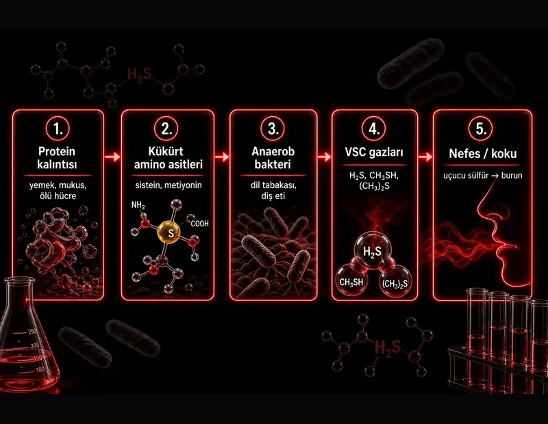 Ağız kokusu VSC oluşum akış şeması: protein kalıntısı, sistein ve metiyonin, anaerob bakteri, H2S CH3SH VSC gazları, nefes ve koku algısı