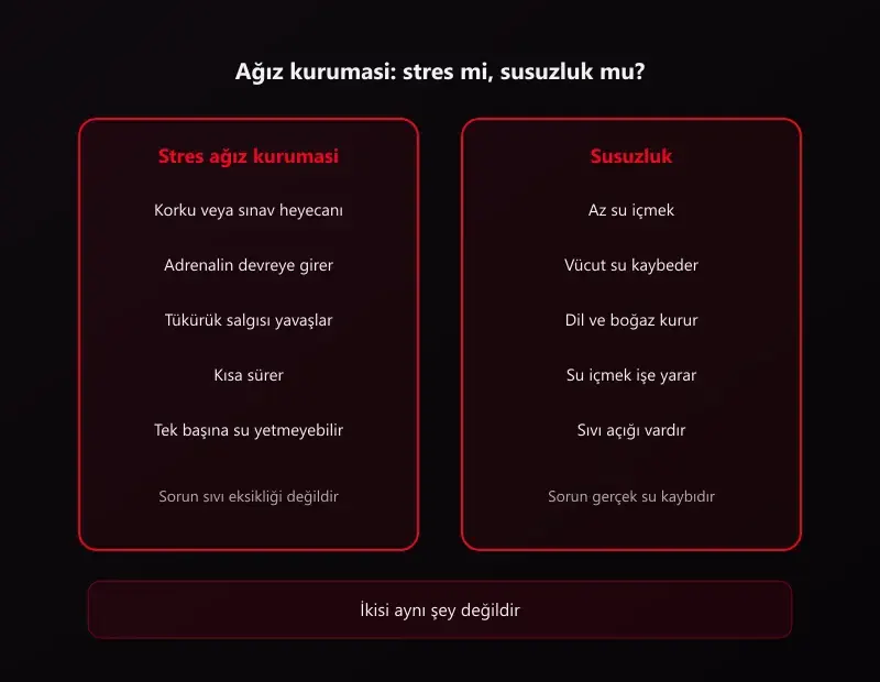 Ağız kuruması karşılaştırması: stres ağız kuruması ile susuzluk yan yana, adrenalin ve su kaybı