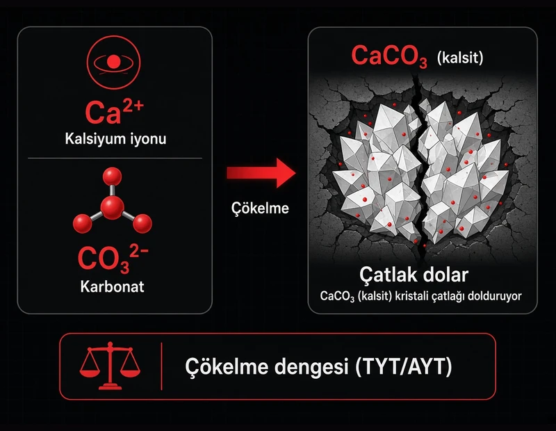 MICP CaCO3 çökelme şeması TYT: Ca2+ CO3 2- kalsit çatlak doldurma çökelme dengesi