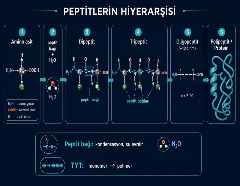 Peptit bağı şeması: amino asit dipeptit tripeptit oligopeptit protein basamakları, peptit zinciri TYT organik kimya diyagramı