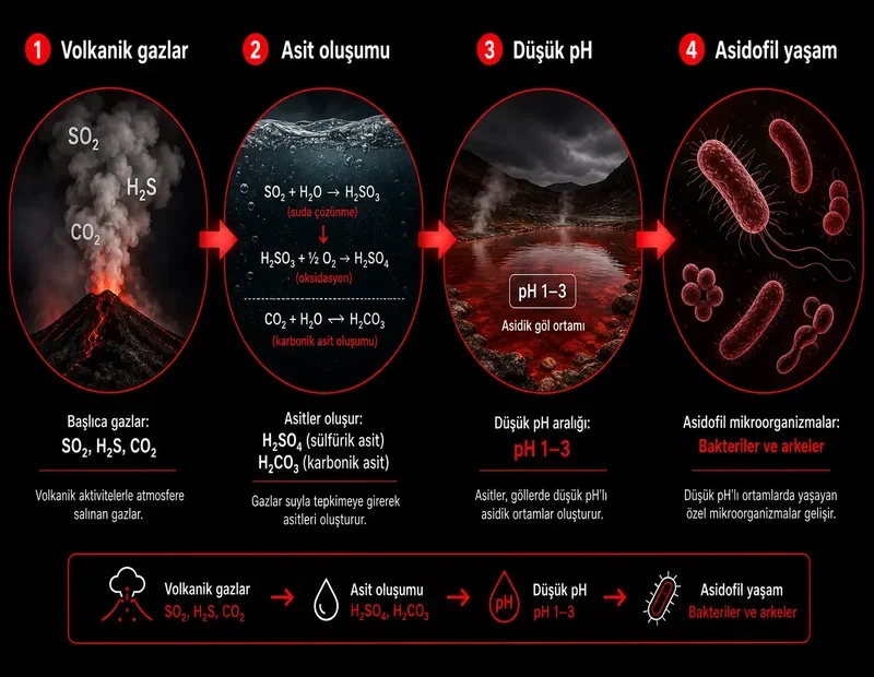 Volkanik gazlardan asit oluşumu, düşük pH asit gölü ve asidofil bakteri yaşamını gösteren akış şeması