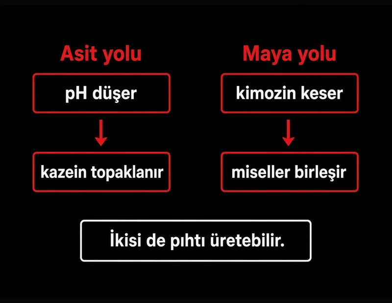 Süt nasıl peynir olur asit yolu ve maya yolu karşılaştırma şeması: pH düşmesi ile kimozin kesimi