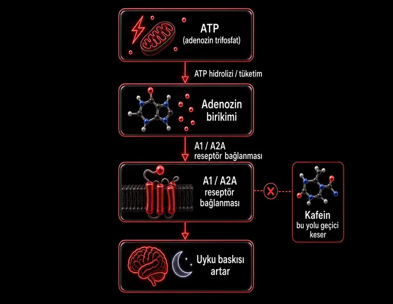 ATP adenozin uyku akış şeması: ATP tüketimi, adenozin birikimi, reseptör bağlanması ve uyku baskısı artışı