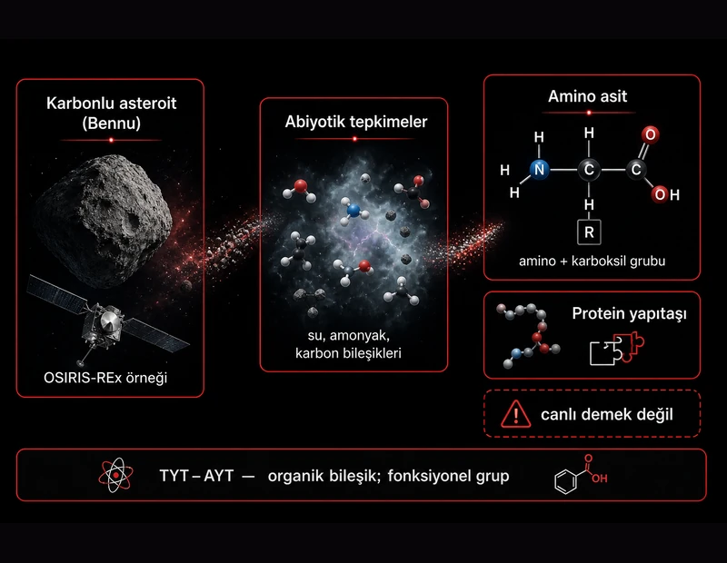 Bennu amino asit akış şeması: karbonlu asteroit, abiyotik oluşum, amino asit ve protein yapıtaşı