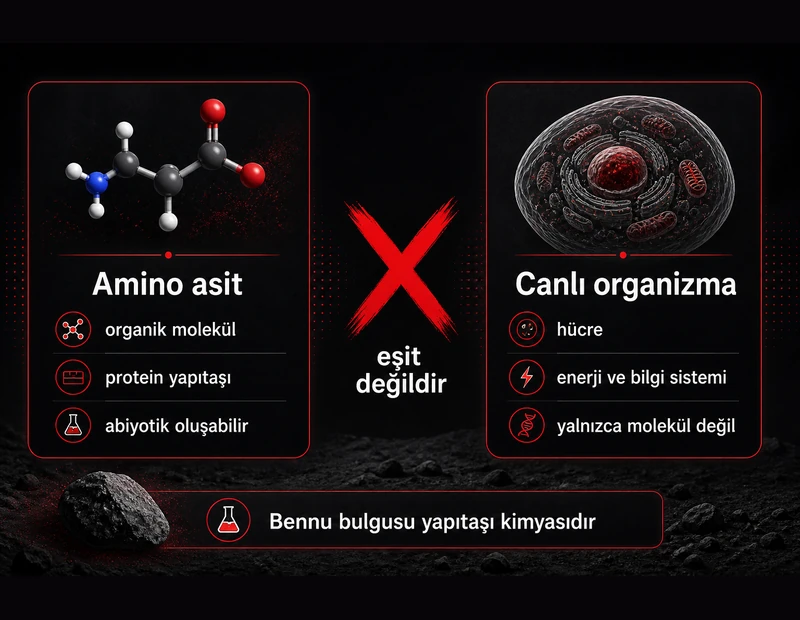 Amino asit yapıtaşı ile canlı organizma farkını gösteren Bennu karşılaştırma şeması (TYT)