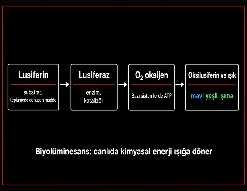 Biyolüminesans şeması: lusiferin substratı, lusiferaz enzimi, oksijen ve ATP ile ışık oluşumu