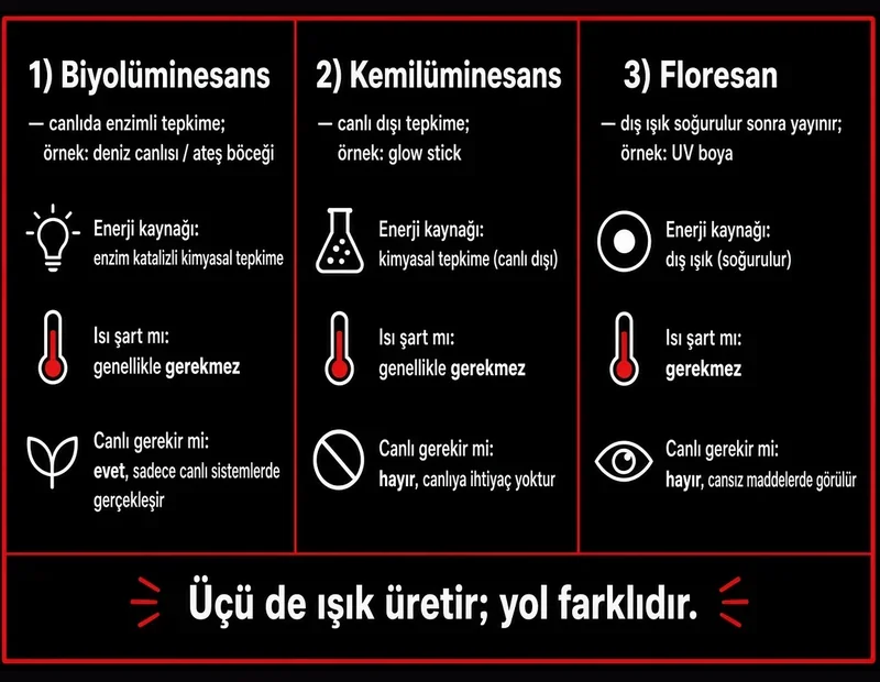 Biyolüminesans, kemilüminesans, floresan ve fosforesans farkını gösteren karşılaştırma şeması