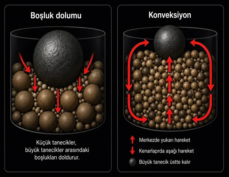 Kuruyemişte büyük parça neden üste çıkar: Brezilya cevizi etkisinde boşluk dolumu ve tanecik konveksiyonu şeması