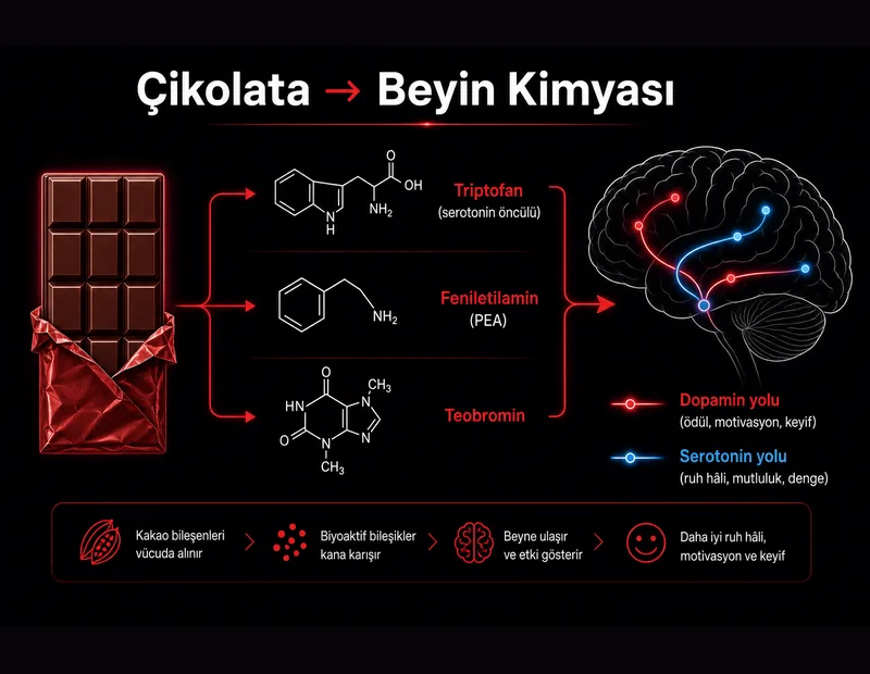 Çikolata beyin kimyası şeması: triptofan serotonin yolu, PEA ve teobromin dopamin ödül yoluna bağlanır