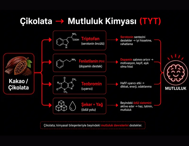 Çikolata mutluluk kimyası akış şeması: triptofan serotonin öncülü, feniletilamin PEA, teobromin ve ödül yolu dopamin