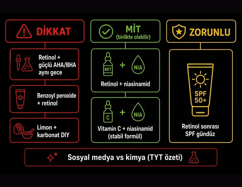 Cilt bakım ürünleri birlikte kullanım uyarı şeması retinol AHA benzoyl peroxide limon karbonat mit retinol niasinamid vitamin C SPF TYT