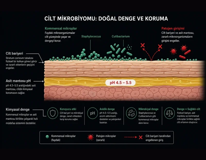 Cilt mikrobiyomu şeması asit mantosu pH 4.5 5.5 lipit bariyeri kommensal mikroplar kimyasal denge