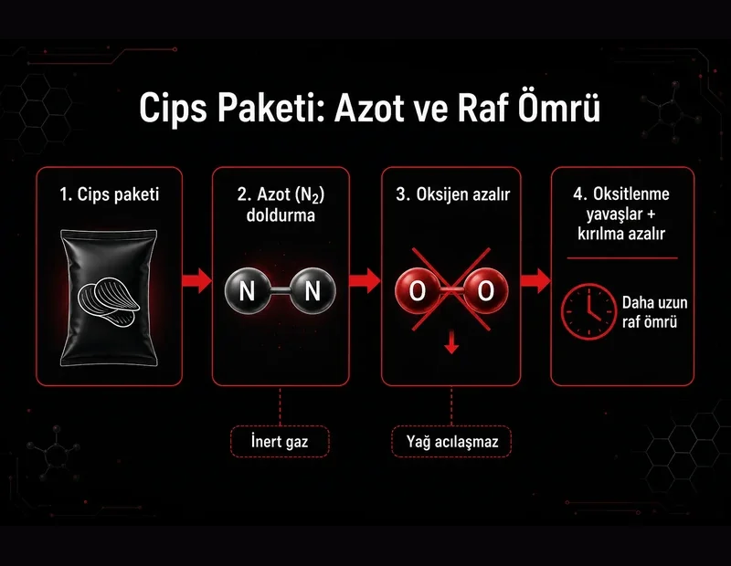 Cips paketleri neden şişkin gelir şeması: azot gazı yastığı, oksijen azaltma, yağ oksitlenmesi engeli ve raf ömrü