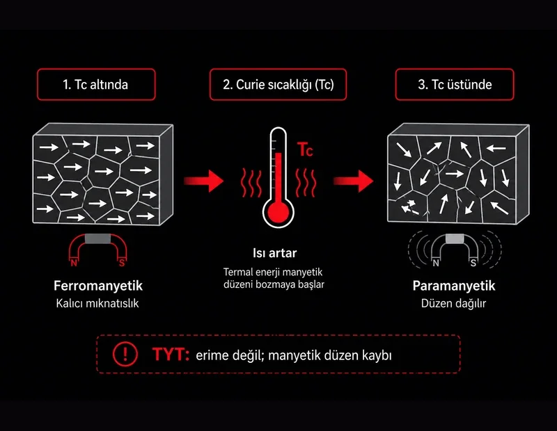 Curie sıcaklığı şeması: ferromanyetik domain düzeni, Tc eşiği ve paramanyetik geçişle kalıcı mıknatıslığın kaybı