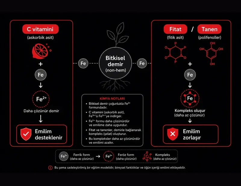C vitamini, fitat ve tanen karşılaştırma şeması: demir emilimini artıran ve azaltan kimyasal etkileşim