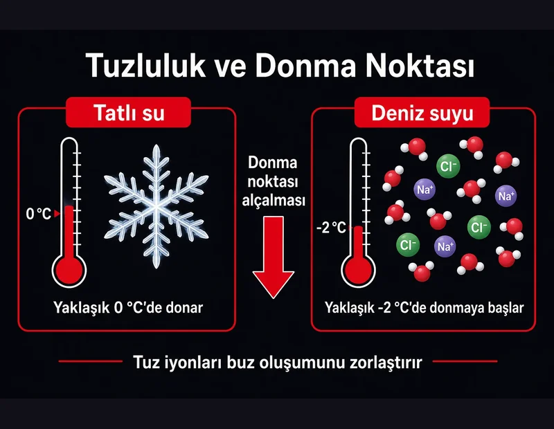 Deniz suyu şeması: tatlı su 0 °C, tuz iyonları, donma noktası alçalması ve deniz suyunun geç donması