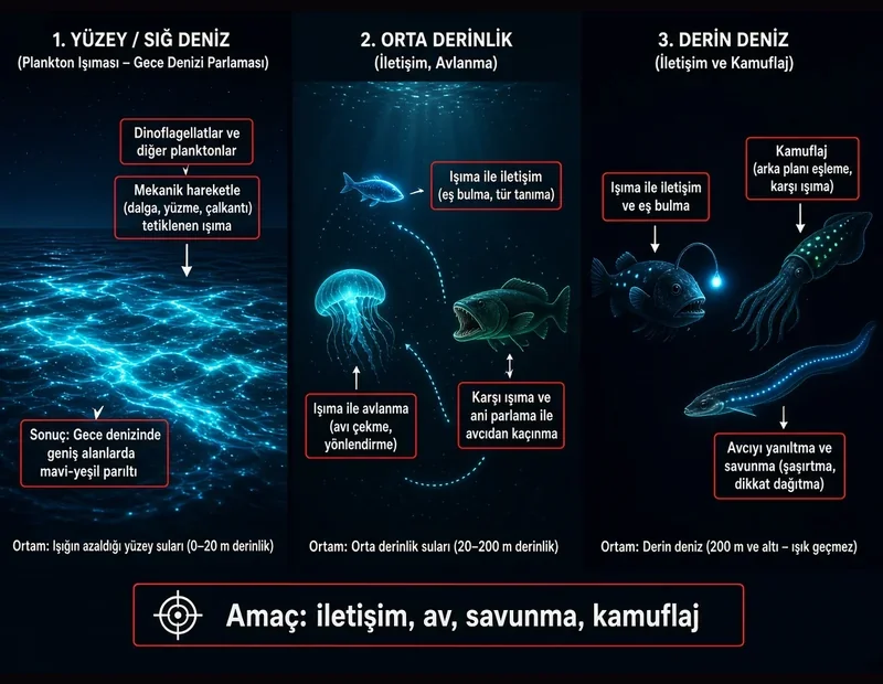 Denizlerde biyolüminesans şeması: plankton yakamozu, orta derinlik ve derin deniz ışıması