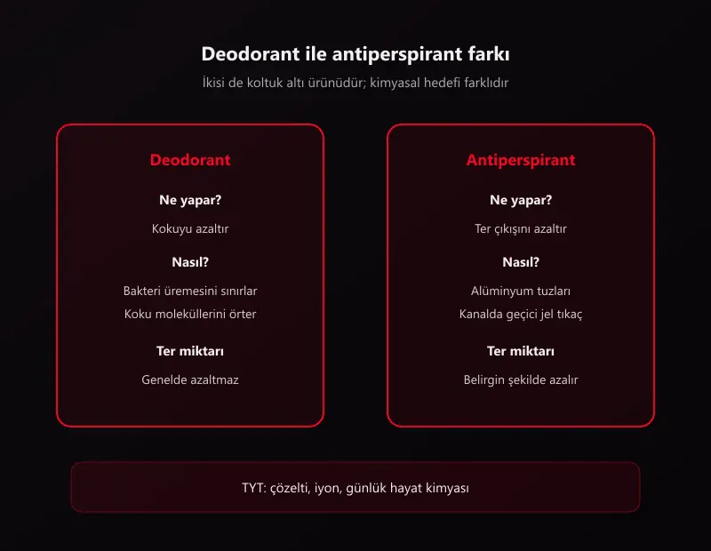 Deodorant ile antiperspirant farkı nedir: deodorant kokuyu, antiperspirant ter çıkışını hedefler şeması
