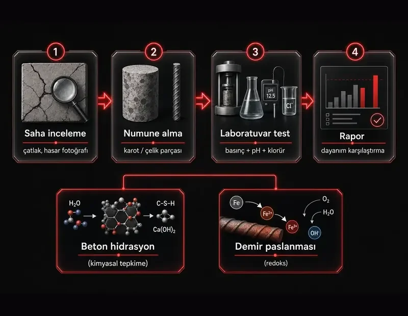 Deprem sonrası yapı malzemesi laboratuvar test akışı: saha numune alma basınç testi kimyasal analiz rapor