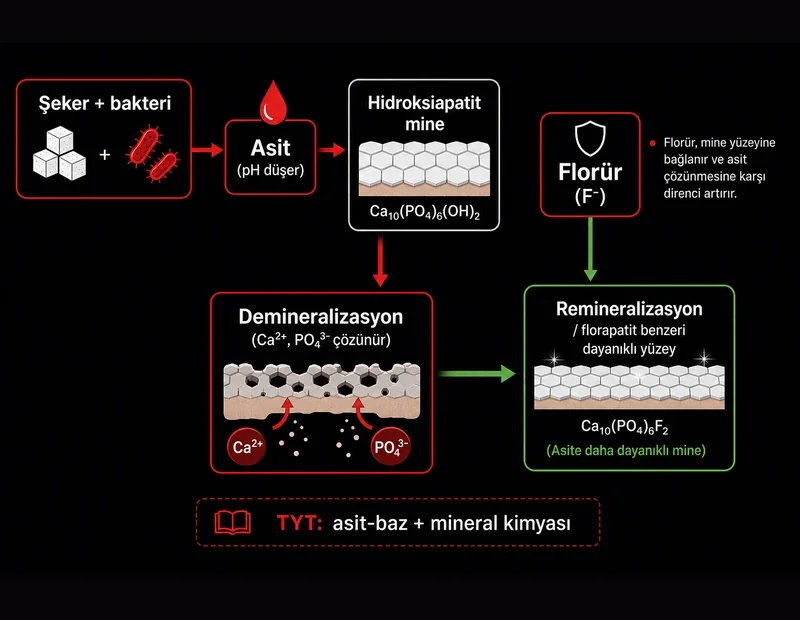 Diş macunu florür şeması: şeker asidi, hidroksiapatit demineralizasyon ve florürlü remineralizasyon