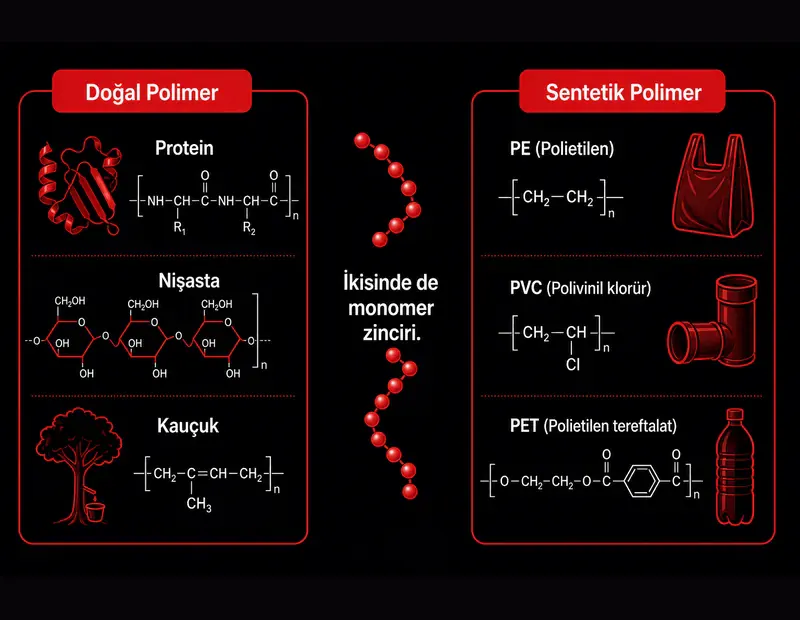 Doğal ve sentetik polimer örnekleri karşılaştırma şeması: protein nişasta kauçuk ile PE PVC PET