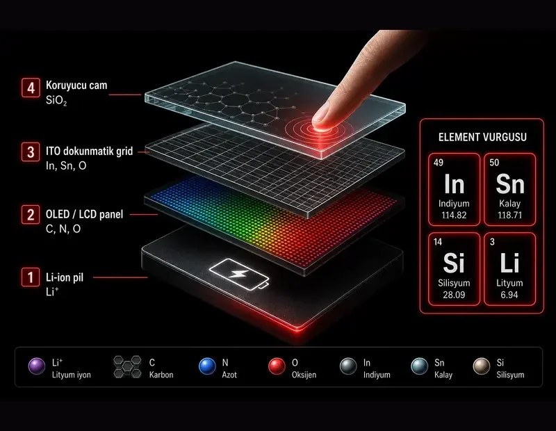 Akıllı telefon dokunmatik ekran katmanları: cam ITO OLED LCD indiyum silisyum periyodik tablo