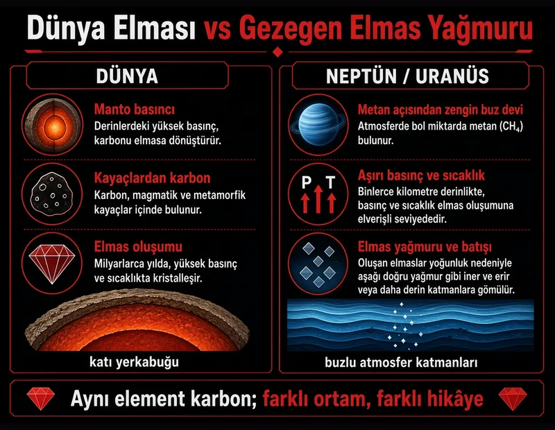 Dünya elması ile gezegen elmas yağmuru karşılaştırma şeması TYT: manto elması ve Neptün Uranüs modeli
