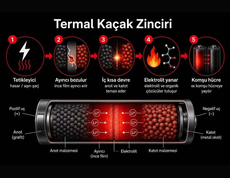 Elektrikli scooter yangını termal kaçak şeması: lityum batarya ısınması, ayırıcı bozulması, iç kısa devre, elektrolit yanması ve komşu hücreye yayılım