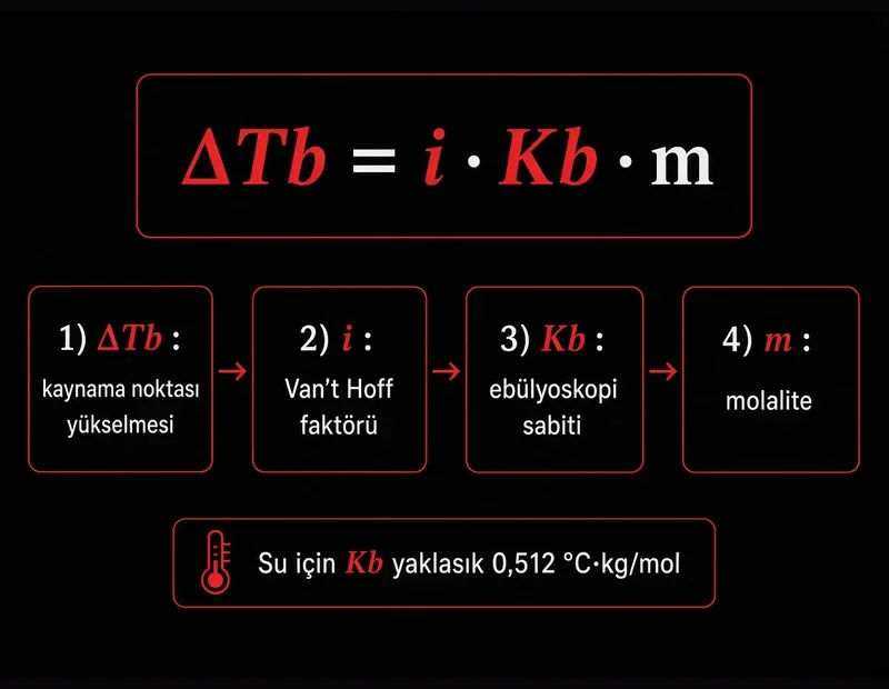 Ebülyoskopi formülü şeması: ΔTb = i · Kb · m, Van’t Hoff faktörü, ebülyoskopi sabiti ve molalite