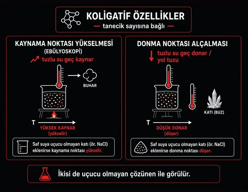 Ebülyoskopi ve donma noktası alçalması karşılaştırma şeması: tuzlu su geç kaynar, tuzlu su geç donar