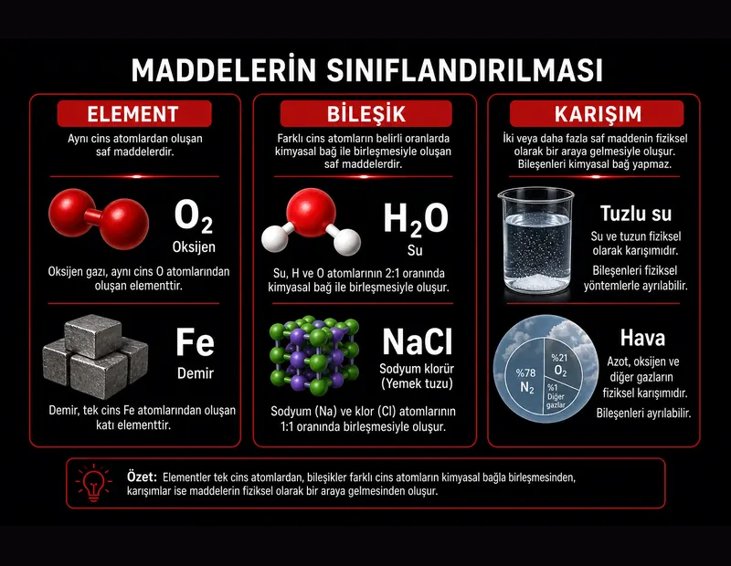 Element bileşik karışım örnekleri şeması: O₂ Fe, H₂O NaCl, tuzlu su ve hava
