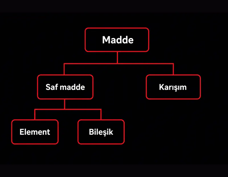 Element bileşik karışım şeması: saf madde element ve bileşik, karışım fiziksel birleşim