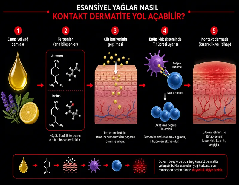Esansiyel yağ terpen cilt alerji şeması: linalool limonene cilt bariyeri kontakt dermatit duyarlılaşma TYT kimya