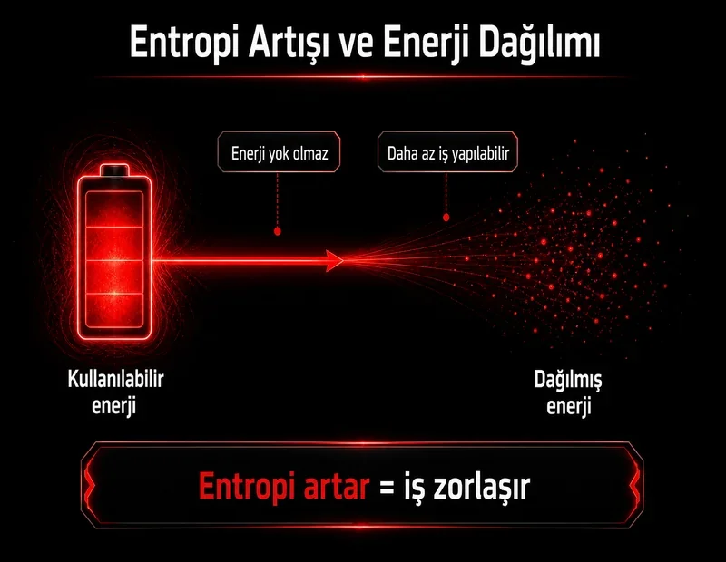 Entropi nedir ve evren entropi artışı: kullanılabilir enerjinin dağılması, ısıl ölüm öncesi iş kapasitesinin azalması şeması