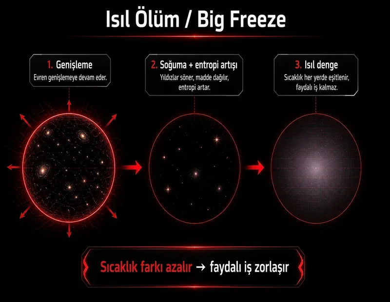 Isıl ölüm ve büyük donma şeması: genişleyen evrende soğuma, entropi artışı ve ısıl denge