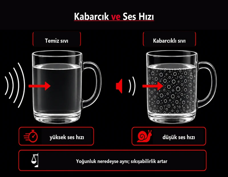 Kabarcıklı suda ses hızı neden düşer: hava kabarcığı ve sıkışabilirlik şeması