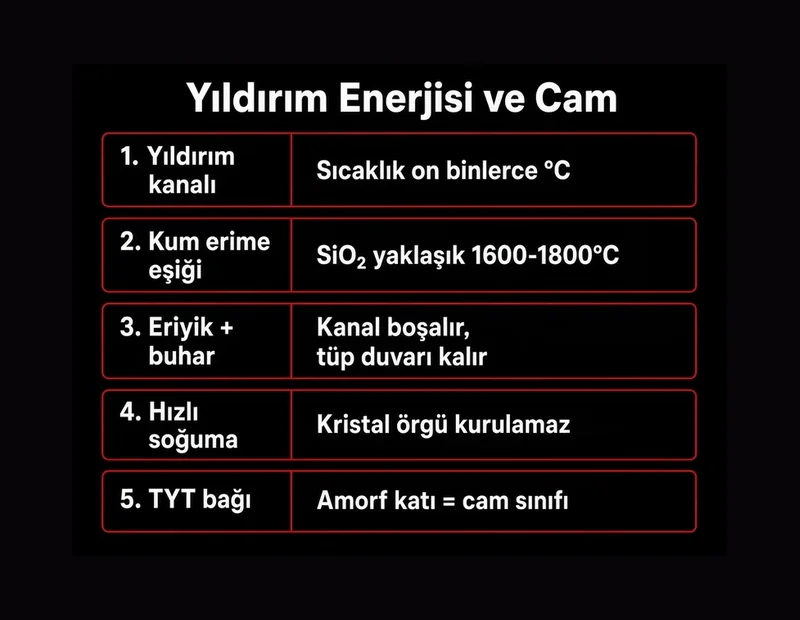 Yıldırım sıcaklığı SiO2 erime eşiği şeması TYT: hızlı soğuma, amorf katı, fulgurit cam