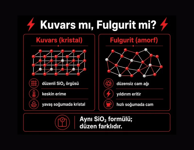Kuvars kristal fulgurit amorf cam karşılaştırma şeması TYT: SiO2 düzen farkı ve hızlı soğuma