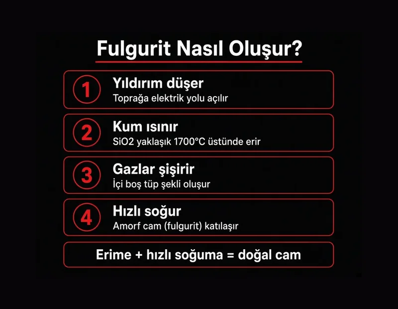 Fulgurit nasıl oluşur adım şeması TYT: yıldırım düşen kum, SiO2 erimesi, gaz tüpü, amorf cam