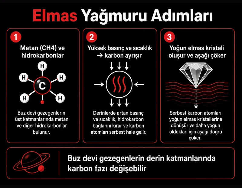 Gezegenlerde elmas yağmuru adımları şeması TYT: metan, yüksek basınç ve elmasın çökmesi