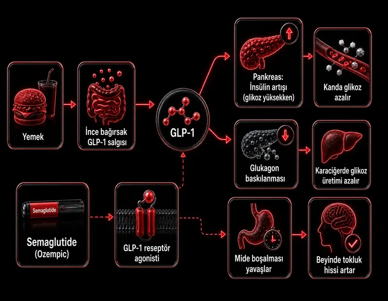 GLP-1 insülin glukagon şeması: yemek sonrası GLP-1 salınımı, semaglutide reseptör agonisti, insülin artışı ve glukagon baskılanması