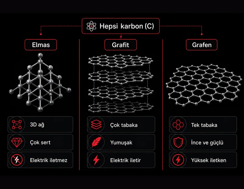 Grafen grafit elmas karşılaştırma şeması: üç boyutlu elmas ağı, çok tabakalı grafit ve tek tabaka grafen