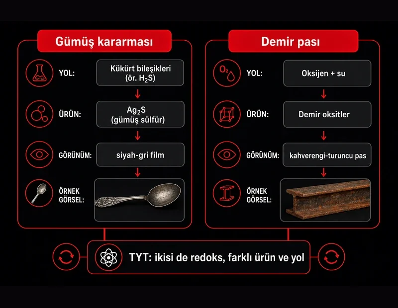 Gümüş sülfür Ag2S ile demir pası karşılaştırması: kükürt yolu ve oksijen-su korozyonu şeması