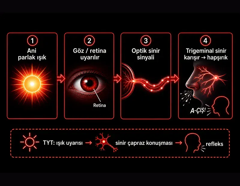 Güneş aksırık refleksi sinir yolu şeması: ani ışık, retina, optik sinir, trigeminal karışma ve hapşırık